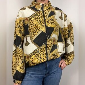 Vintage Avon Style Silk Bomber Jacket – Size L | Gold, Black & Cream Print